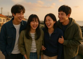 Quatro amigos jovens sorrindo juntos ao ar livre após assistir doramas de verão.