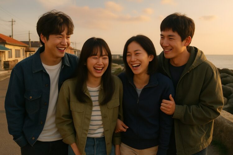 5 doramas que são a cara do Verão para maratonar antes da estação terminar 1 Quatro amigos jovens sorrindo juntos ao ar livre após assistir doramas de verão.