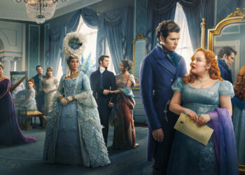 Elenco da série Bridgerton em cenário elegante com roupas de época