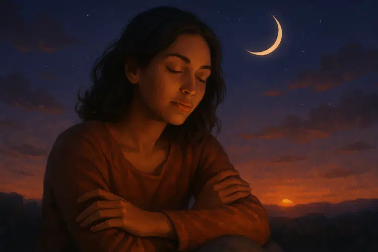 Mensagens de Boa Noite: 20 frases de reflexão para encerrar o dia com a mente tranquila 1 Pessoa serena com olhos fechados ao anoitecer, lua crescente brilhando no céu.