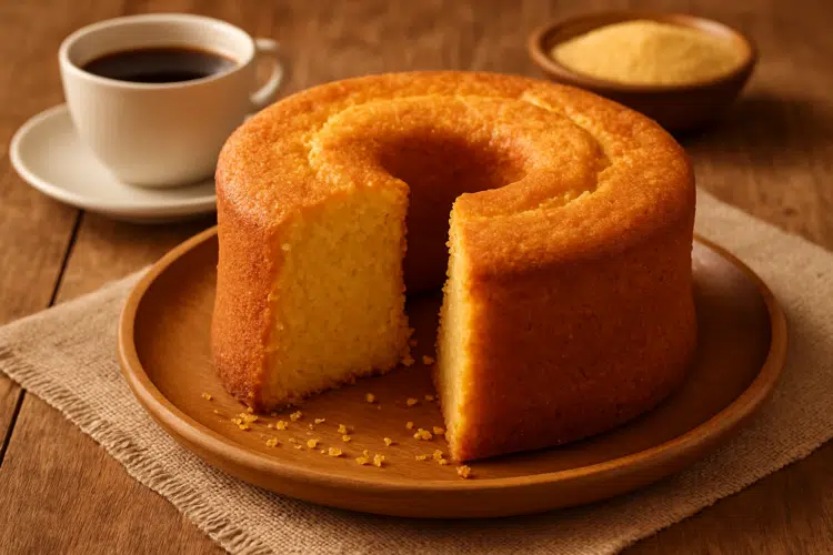 Bolo de fubá tradicional: receita original da vovó 1 Bolo de fubá em formato de anel com uma fatia faltando em um prato de madeira