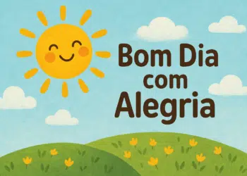 Ilustração de sol sorridente, flores e a frase "Bom Dia com Alegria"