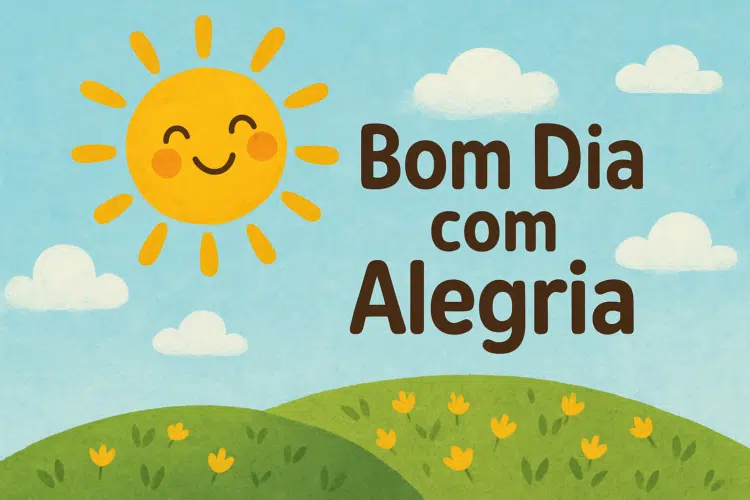 Bom dia com alegria: 25 mensagens para você enviar aos amigos 1 Ilustração de sol sorridente, flores e a frase "Bom Dia com Alegria"