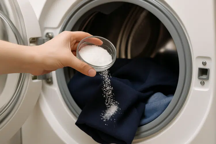 O segredo do sal na máquina de lavar: Por que você deve colocar uma colher antes de lavar roupas escuras 1 Pessoa adicionando sal grosso em uma máquina de lavar roupas