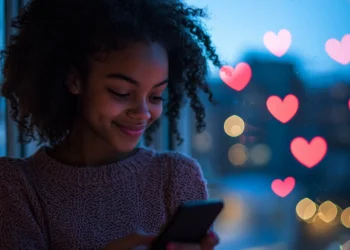 Envie agora: Mensagens de 'Boa Noite, meu amor' para fechar o dia com um sorriso 8 Mulher sorrindo enquanto usa o celular com corações no fundo representando mensagens de boa noite.