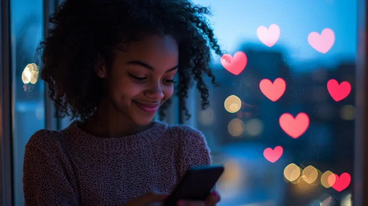 Envie agora: Mensagens de 'Boa Noite, meu amor' para fechar o dia com um sorriso 1 Mulher sorrindo enquanto usa o celular com corações no fundo representando mensagens de boa noite.