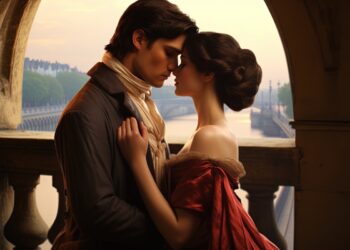 Casal em cena romântica abraçado em varanda com paisagem ao fundo em estilo de novela de época.