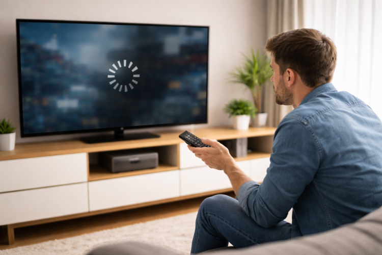 Homem sentado no sofá enfrentando buffering ao assistir streaming em smart TV