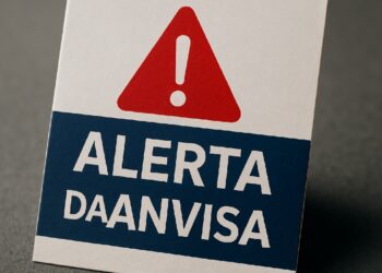 Placa exibe triângulo vermelho com ponto de exclamação e mensagem "Alerta da Anvisa"