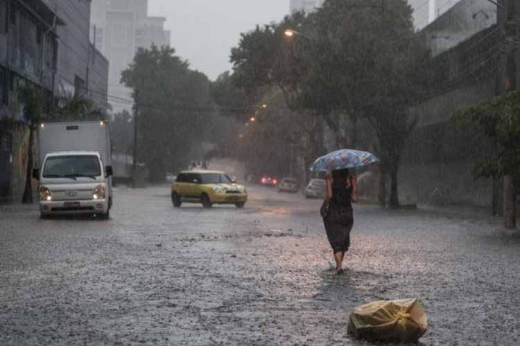 Alerta: Previsão do tempo indica temporais e chuvas fortes para várias regiões brasileiras 1 Mulher caminha com guarda-chuva em rua alagada sob chuva intensa, carros ao fundo e sacola no chão.