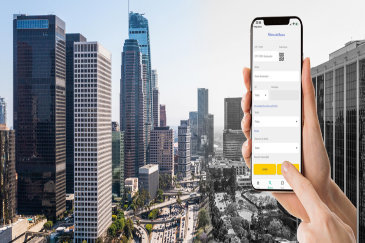 Dívida Aberta: aplicativo oficial alcança 240 milhões de consultas; confira como funciona 1 Aplicativo Dívida Aberta exibido em smartphone com filtros de pesquisa de débitos enquanto aparece um centro urbano ao fundo.