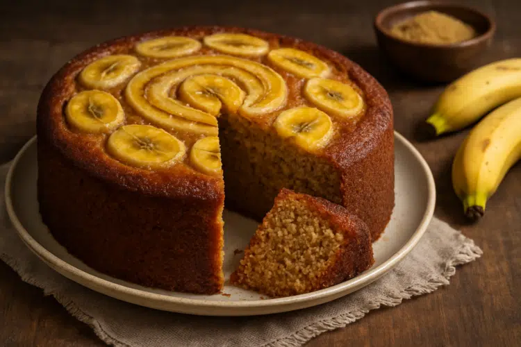 Bolo de banana rápido e fácil: a melhor forma de aproveitar bananas maduras 1 Bolo de banana com uma fatia servida em prato.