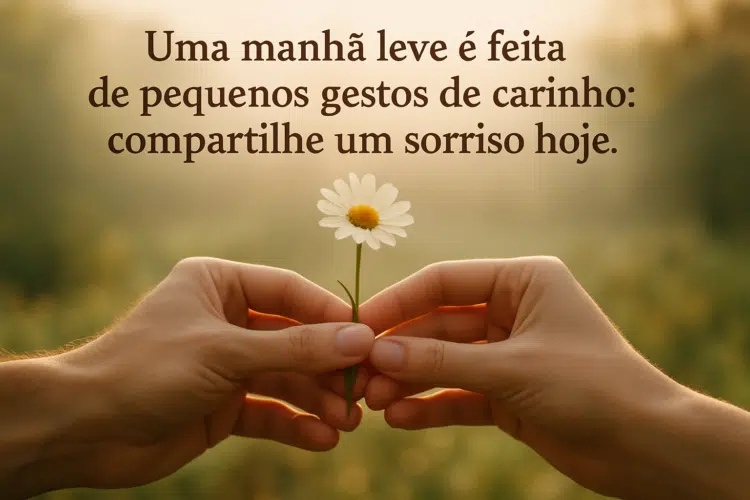 Mãos segurando uma margarida ao amanhecer com mensagem inspiradora ao fundo