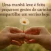 Mãos segurando uma margarida ao amanhecer com mensagem inspiradora ao fundo