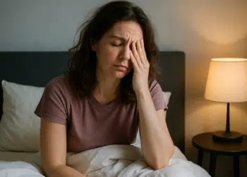 Mulher sentada na cama com expressão de cansaço e mão no rosto