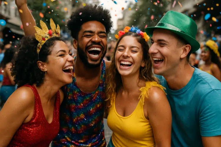 Grupo de quatro amigos sorrindo juntos em uma festa de carnaval ao ar livre