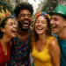 Grupo de quatro amigos sorrindo juntos em uma festa de carnaval ao ar livre