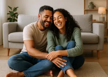 Casal sorridente sentado no chão da sala.