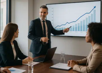 Reunião de negócios com apresentação de gráfico de crescimento.