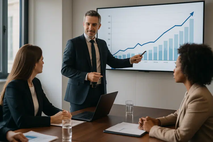 Promoção? Não, obrigado: Por que os profissionais de 2026 estão fugindo de cargos de chefia 1 Reunião de negócios com apresentação de gráfico de crescimento.