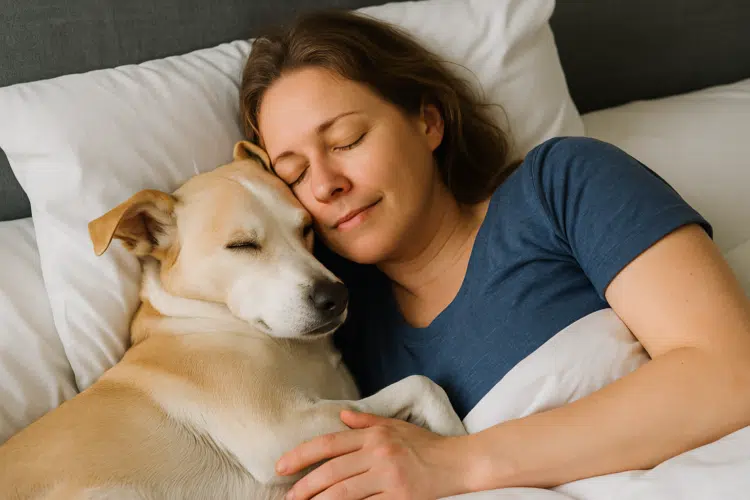 Mulher deitada na cama abraçando um cachorro.
