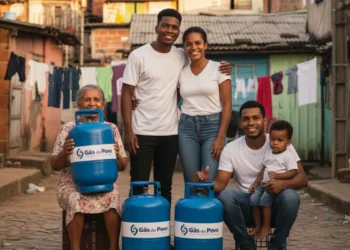 Família reunida na rua sorrindo com botijões de gás azul do programa Vale Recarga Gás do Povo