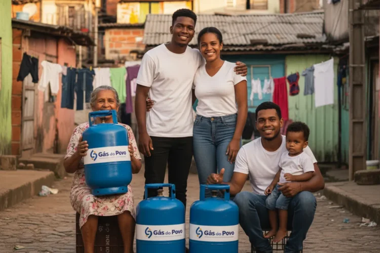 Família sorridente com botijões de gás azul do programa Gás do Povo em rua de comunidade