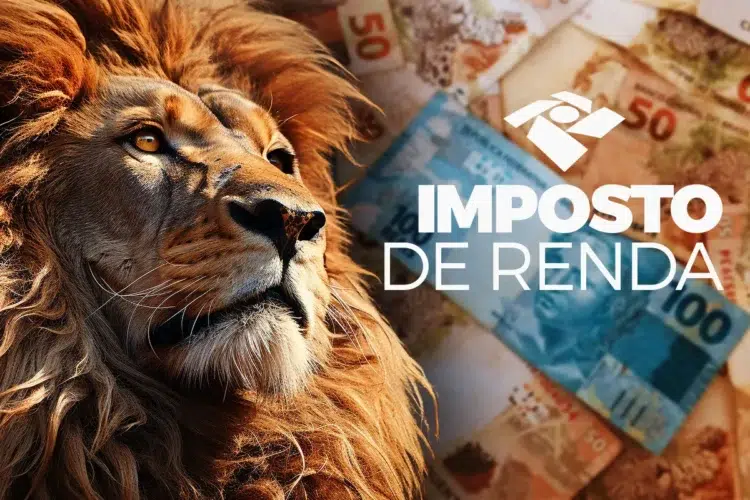 IRPF 2026: empregadores têm até sábado para entregar informe de rendimentos; veja o que fazer 1 Leão olhando para frente ao lado de cédulas de real e texto "Imposto de Renda".