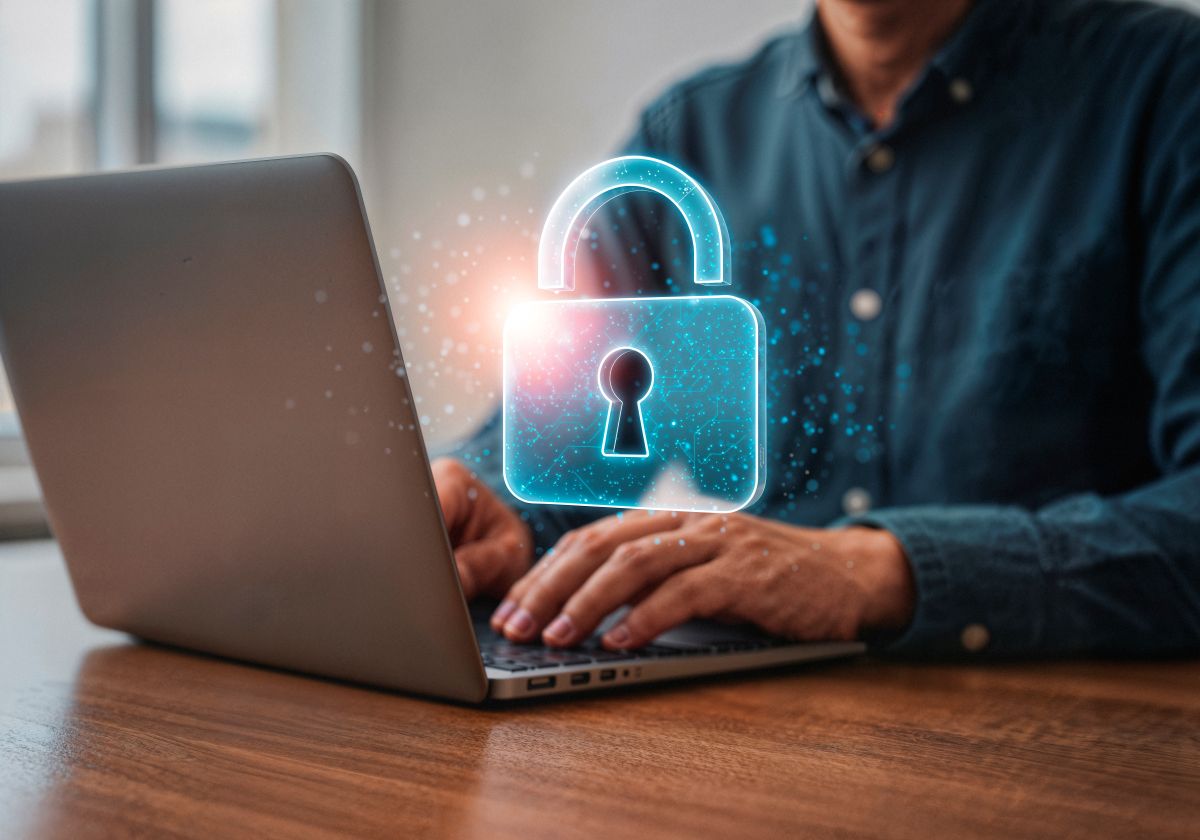 Nova lei: Presidente Lula cria Agência Nacional de Proteção de Dados no Brasil 2 Homem trabalhando em um notebook com um ícone digital de cadeado, representando a segurança e proteção de dados pessoais online.