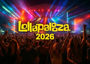 Público animado em festival Lollapalooza 2026 à noite com efeitos de luz coloridos.