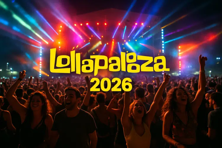 Público animado em festival Lollapalooza 2026 à noite com efeitos de luz coloridos.