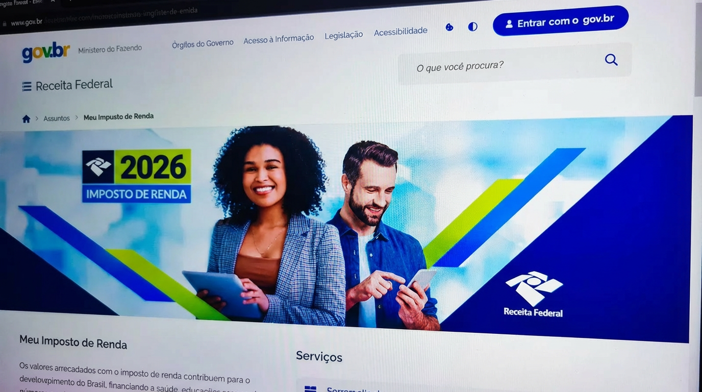 Receita Federal paga lote da malha fina do Imposto de Renda de fevereiro; veja se você está na lista 2 Duas pessoas sorrindo acessam o site da Receita Federal sobre Imposto de Renda 2026.