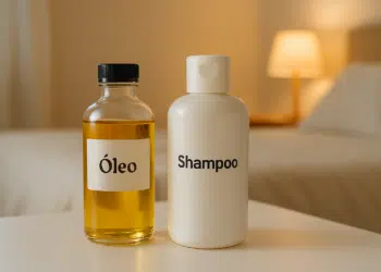 Frascos de óleo e shampoo em uma mesa.