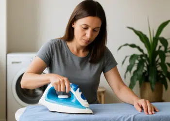 Mulher usando ferro de passar sobre tábua azul em ambiente de lavanderia.