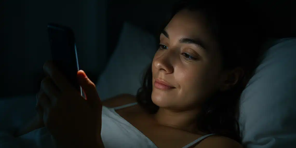 O fenômeno do "cérebro cansado": Por que temos a sensação de que o tempo está passando mais rápido em 2026? 2 Mulher deitada na cama sorri enquanto utiliza smartphone no escuro.