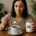 Mulher colocando sal no café com uma colher.