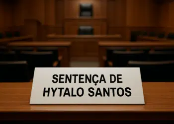 Imagem de uma placa branca sobre uma mesa de madeira em um tribunal, com os dizeres 'Sentença de Hytalo Santos' em letras pretas. Ao fundo, é possível ver cadeiras e o ambiente característico de uma sala de audiência judicial.