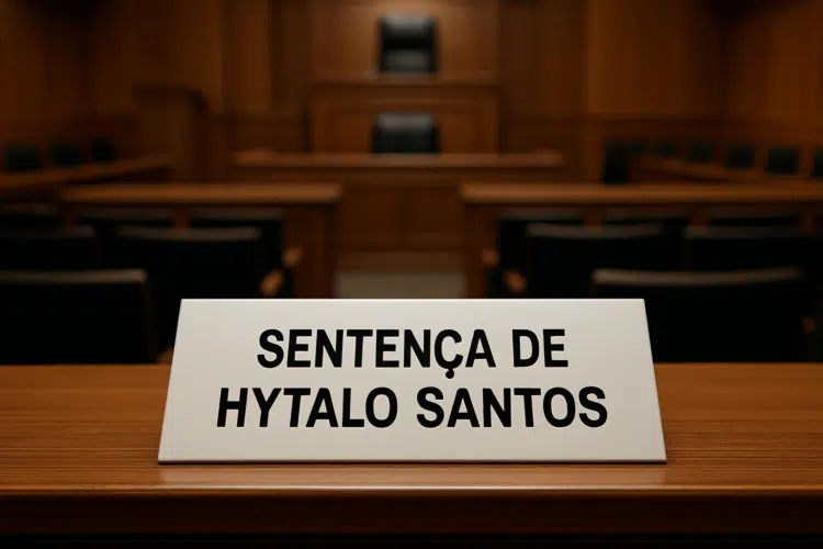 Exploração sexual infantil: influenciador Hytalo Santos é condenado pela Justiça 1 Imagem de uma placa branca sobre uma mesa de madeira em um tribunal, com os dizeres 'Sentença de Hytalo Santos' em letras pretas. Ao fundo, é possível ver cadeiras e o ambiente característico de uma sala de audiência judicial.