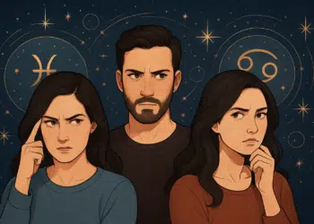 Três pessoas pensativas com símbolos de signos do zodíaco ao fundo