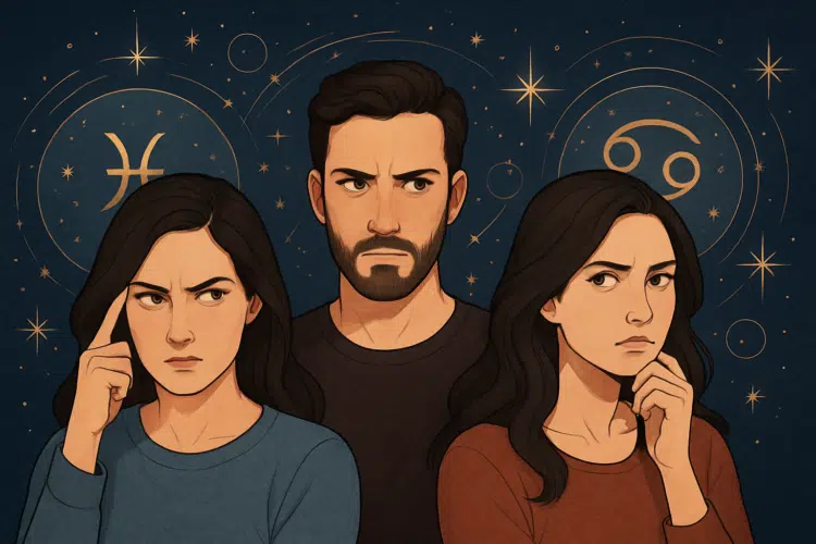 Os 3 signos que possuem a "intuição mais afiada" e conseguem sentir a mentira de longe 1 Três pessoas pensativas com símbolos de signos do zodíaco ao fundo