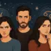 Três pessoas pensativas com símbolos de signos do zodíaco ao fundo