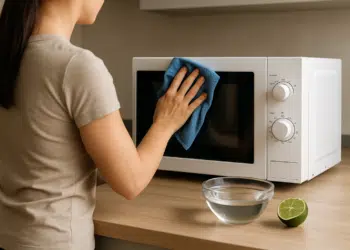 Pessoa limpando micro-ondas com pano azul.