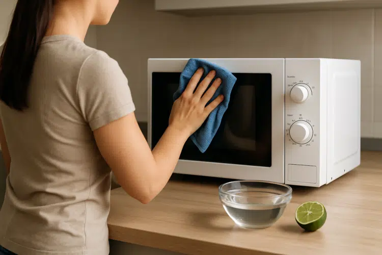 Como limpar o micro-ondas em 3 minutos usando apenas um limão e uma tigela de água 1 Pessoa limpando micro-ondas com pano azul.