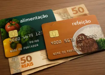 Cartões de alimentação e refeição sobre notas de cinquenta reais