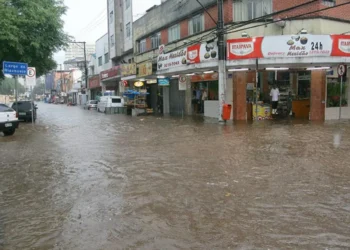 Rua comercial alagada em Juiz de Fora com água barrenta atingindo a metade da altura das portas de uma loja vermelha e encobrindo pneus de carros estacionados ao fundo.