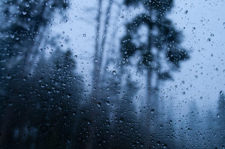Inmet alerta para fim de semana com chuvas intensas no Norte e Nordeste 1 Close-up de gotas de chuva escorrendo por uma vidraça transparente. Ao fundo, árvores e uma paisagem natural estão desfocadas sob um céu nublado e acinzentado, transmitindo a sensação de um dia chuvoso e úmido.