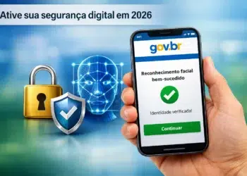 Mão segurando celular com confirmação de reconhecimento facial, cadeado dourado e escudo digital ao fundo