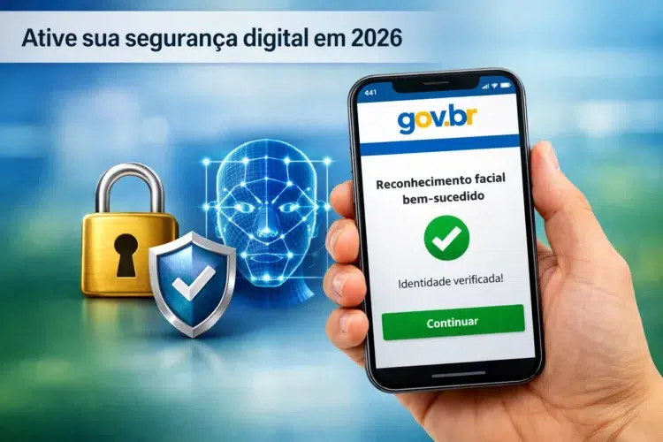 Como configurar o reconhecimento facial no Gov.br? 35% das contas ainda não usam 1 Mão segurando celular com confirmação de reconhecimento facial, cadeado dourado e escudo digital ao fundo