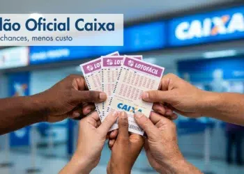 Mãos de diferentes pessoas segurando vários bilhetes Lotofácil em frente a agência Caixa