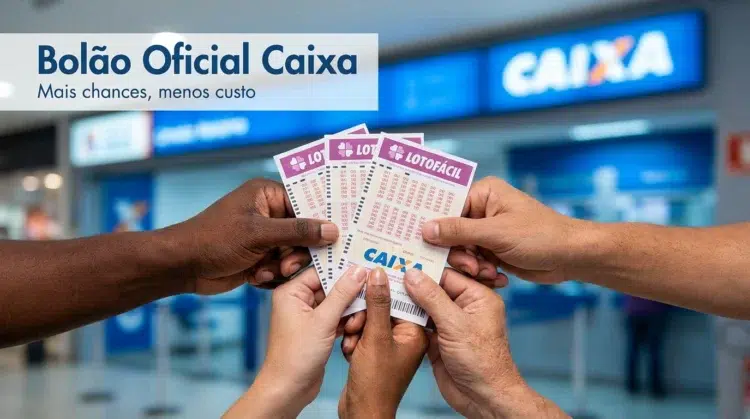 Mãos de diferentes pessoas segurando vários bilhetes Lotofácil em frente a agência Caixa